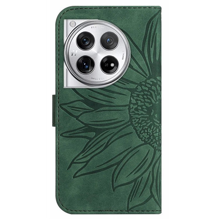 HT04 Wallet Phone Case for OnePlus 12 5G PU Leather Sunflower Pattern Cover with Wrist Strap - Dark Green