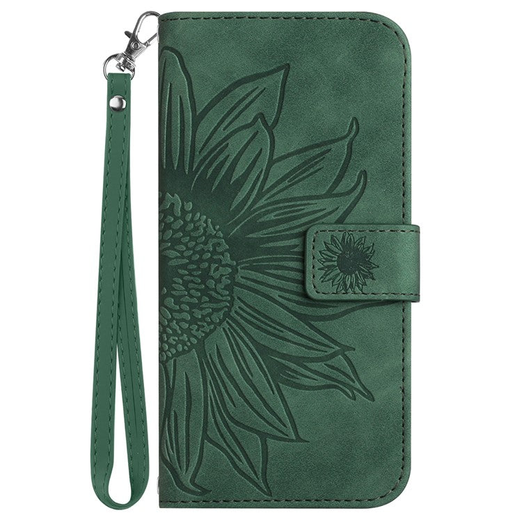 HT04 Wallet Phone Case for OnePlus 12 5G PU Leather Sunflower Pattern Cover with Wrist Strap - Dark Green