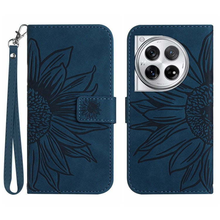 HT04 Wallet Phone Case for OnePlus 12 5G PU Leather Sunflower Pattern Cover with Wrist Strap - Dark Blue
