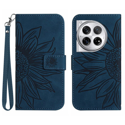 HT04 Wallet Phone Case for OnePlus 12 5G PU Leather Sunflower Pattern Cover with Wrist Strap - Dark Blue