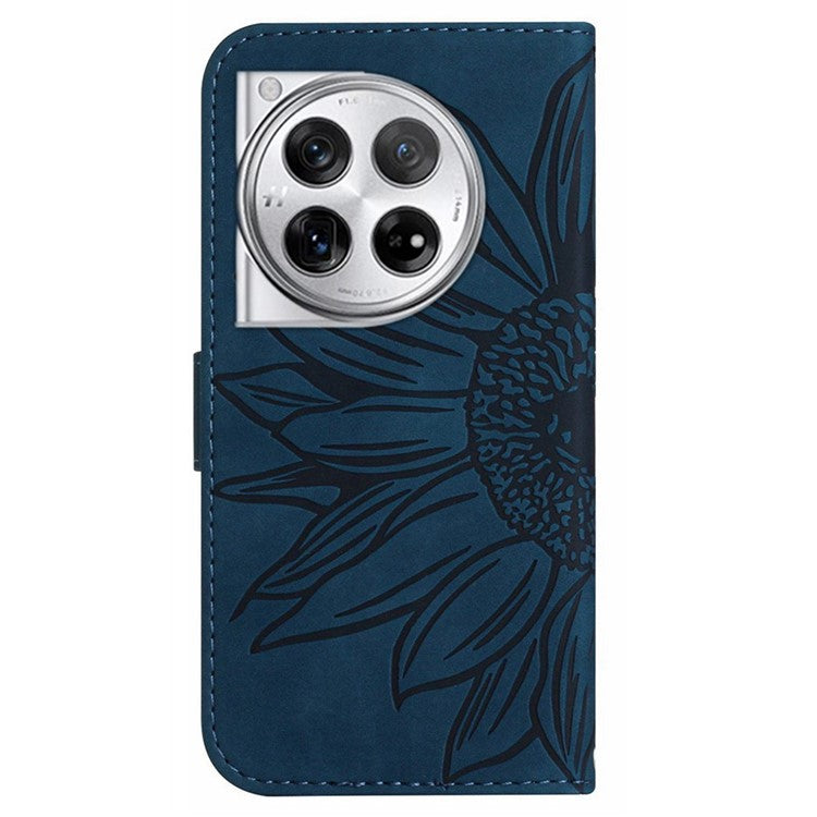 HT04 Wallet Phone Case for OnePlus 12 5G PU Leather Sunflower Pattern Cover with Wrist Strap - Dark Blue