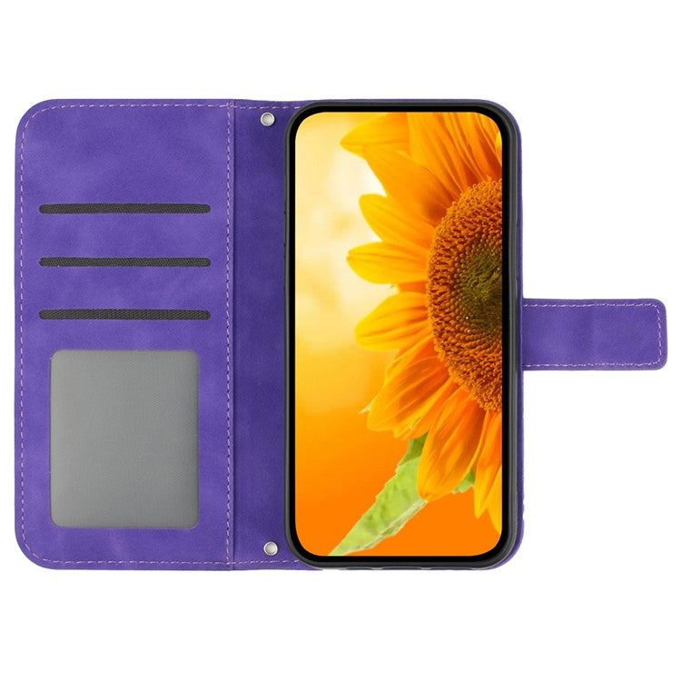 HT04 Wallet Phone Case for OnePlus 12 5G PU Leather Sunflower Pattern Cover with Wrist Strap - Dark Purple