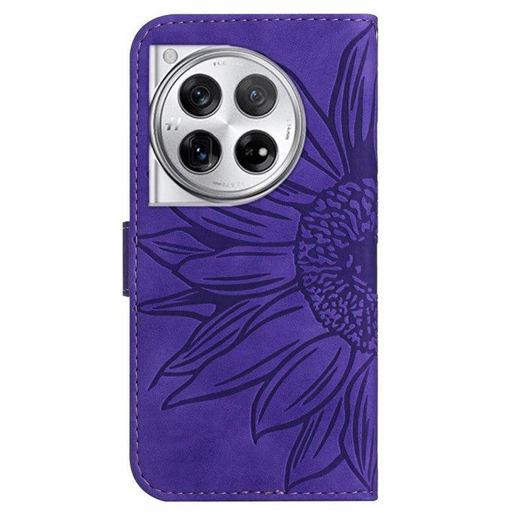 HT04 Wallet Phone Case for OnePlus 12 5G PU Leather Sunflower Pattern Cover with Wrist Strap - Dark Purple