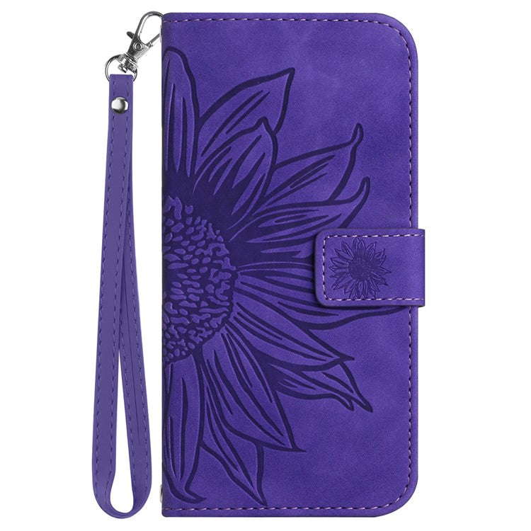 HT04 Wallet Phone Case for OnePlus 12 5G PU Leather Sunflower Pattern Cover with Wrist Strap - Dark Purple