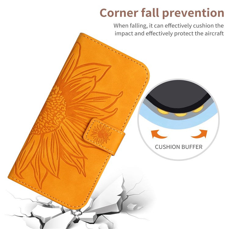 HT04 Wallet Phone Case for OnePlus 12 5G PU Leather Sunflower Pattern Cover with Wrist Strap - Yellow