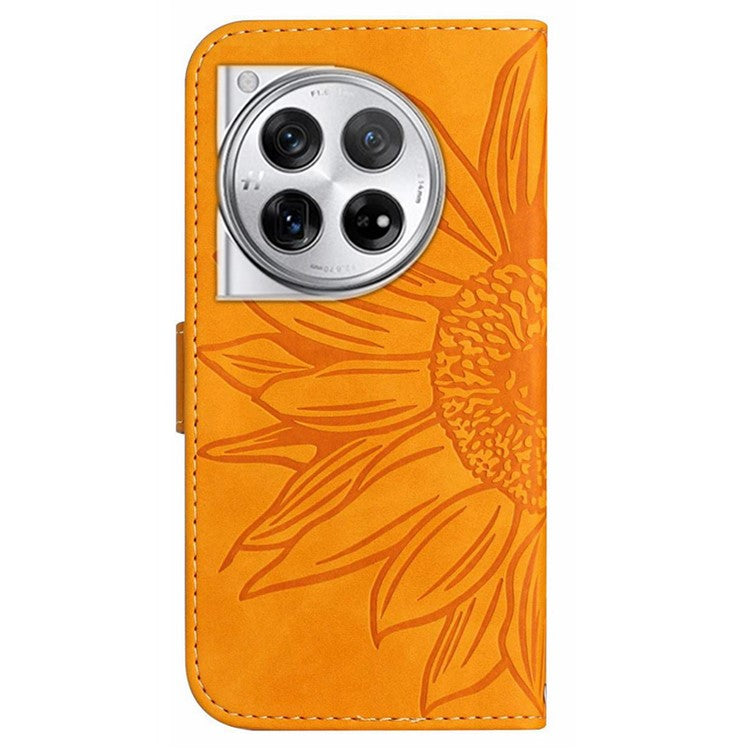 HT04 Wallet Phone Case for OnePlus 12 5G PU Leather Sunflower Pattern Cover with Wrist Strap - Yellow