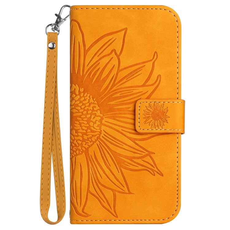 HT04 Wallet Phone Case for OnePlus 12 5G PU Leather Sunflower Pattern Cover with Wrist Strap - Yellow