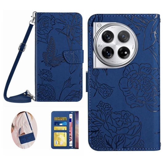 HT03 For OnePlus 12 5G PU Leather Phone Case Butterfly Flower Cover with Shoulder Strap - Blue