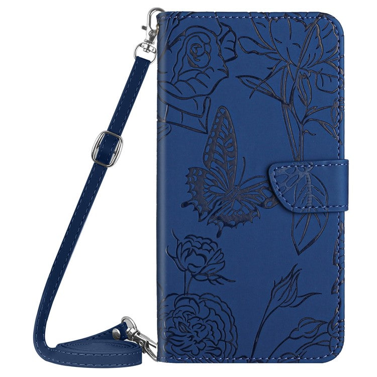 HT03 For OnePlus 12 5G PU Leather Phone Case Butterfly Flower Cover with Shoulder Strap - Blue