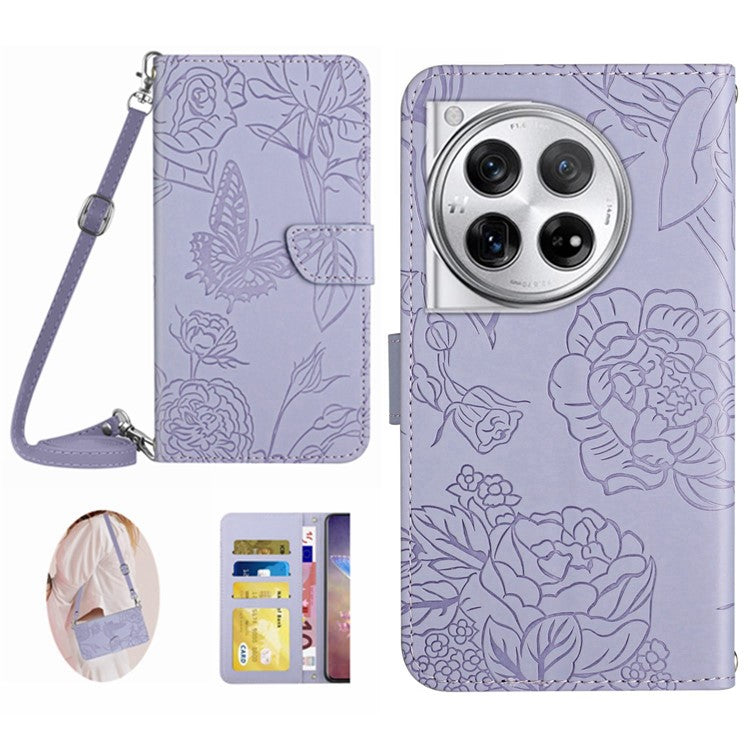 HT03 For OnePlus 12 5G PU Leather Phone Case Butterfly Flower Cover with Shoulder Strap - Purple