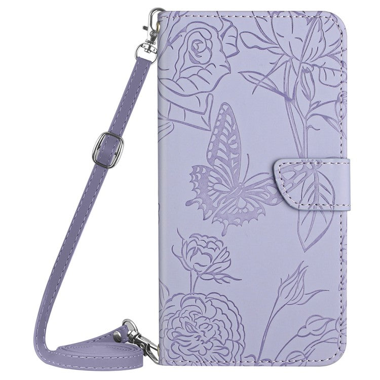 HT03 For OnePlus 12 5G PU Leather Phone Case Butterfly Flower Cover with Shoulder Strap - Purple