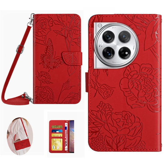 HT03 For OnePlus 12 5G PU Leather Phone Case Butterfly Flower Cover with Shoulder Strap - Red