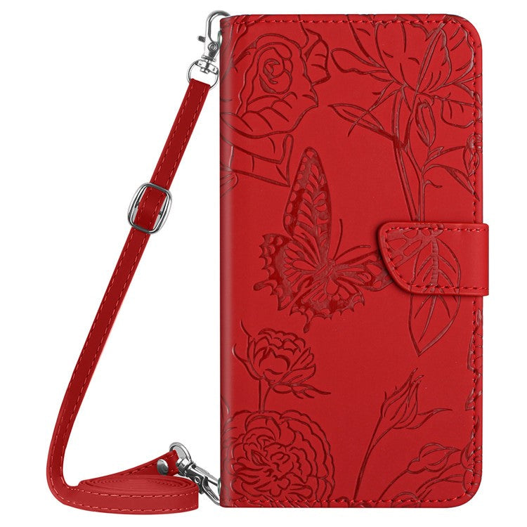 HT03 For OnePlus 12 5G PU Leather Phone Case Butterfly Flower Cover with Shoulder Strap - Red
