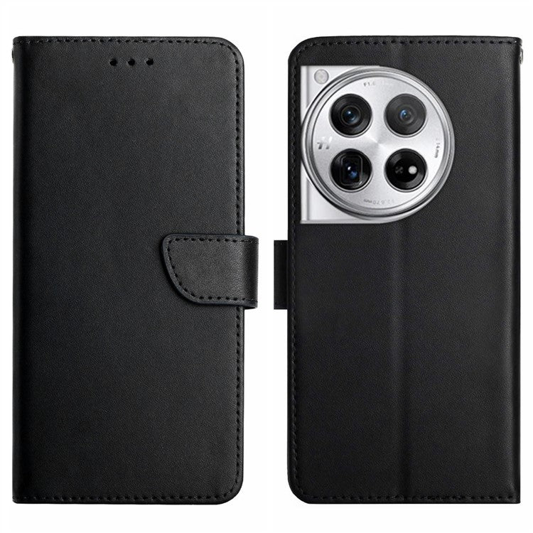 HT02 For OnePlus 12 5G Case Genuine Cow Leather Stand Wallet Cell Phone Cover - Black