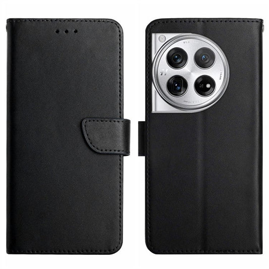 HT02 For OnePlus 12 5G Case Genuine Cow Leather Stand Wallet Cell Phone Cover - Black