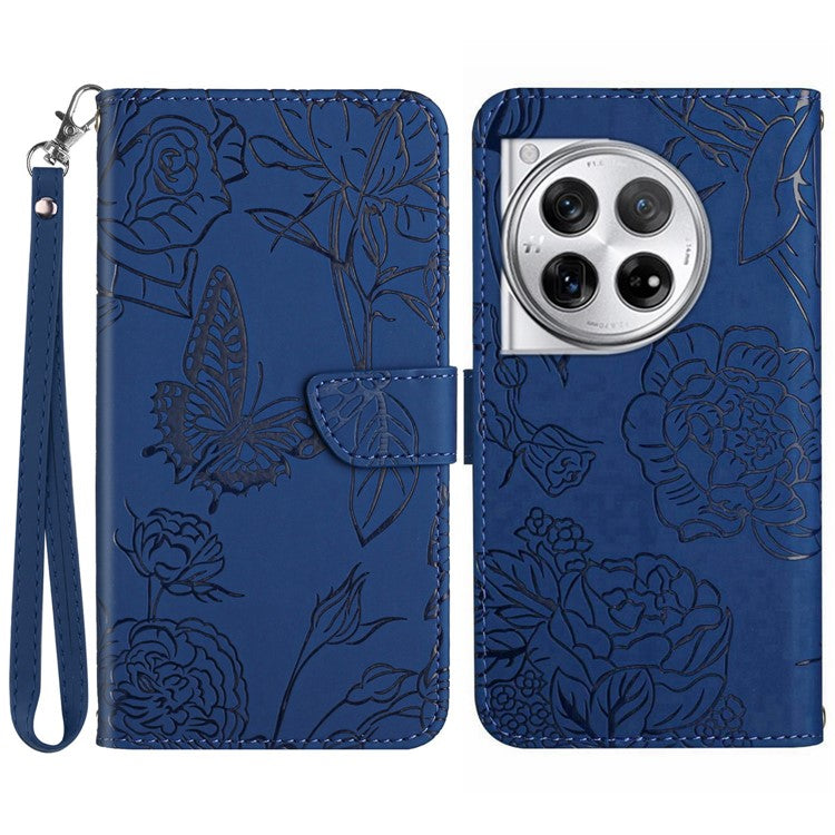 HT03 For OnePlus 12 5G Wallet Phone Case Flower Pattern Leather Cover with Hand Strap - Blue
