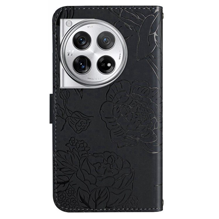 HT03 For OnePlus 12 5G Wallet Phone Case Flower Pattern Leather Cover with Hand Strap - Black
