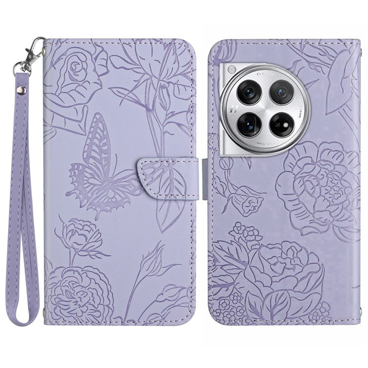 HT03 For OnePlus 12 5G Wallet Phone Case Flower Pattern Leather Cover with Hand Strap - Purple