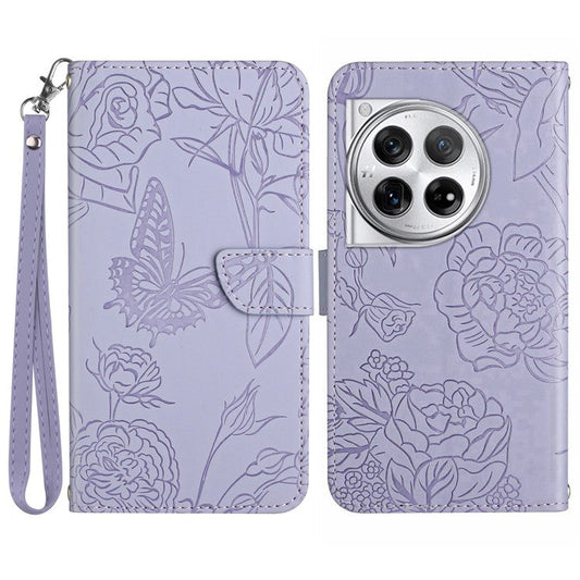 HT03 For OnePlus 12 5G Wallet Phone Case Flower Pattern Leather Cover with Hand Strap - Purple