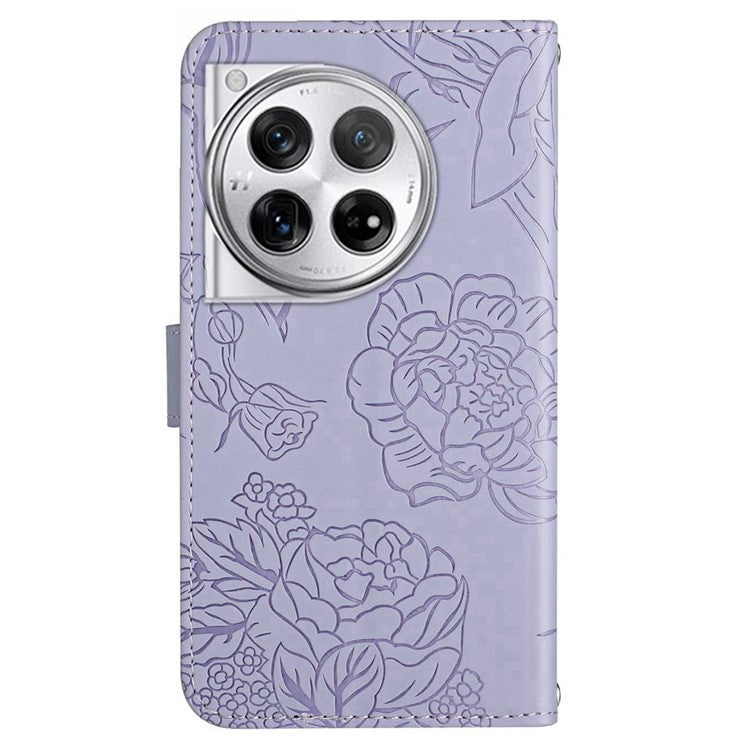 HT03 For OnePlus 12 5G Wallet Phone Case Flower Pattern Leather Cover with Hand Strap - Purple