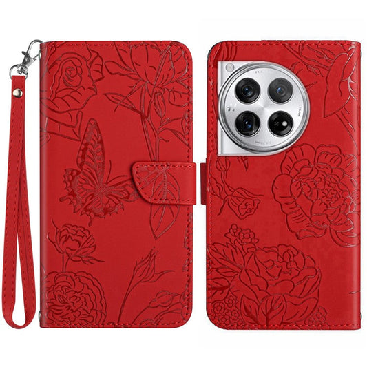 HT03 For OnePlus 12 5G Wallet Phone Case Flower Pattern Leather Cover with Hand Strap - Red