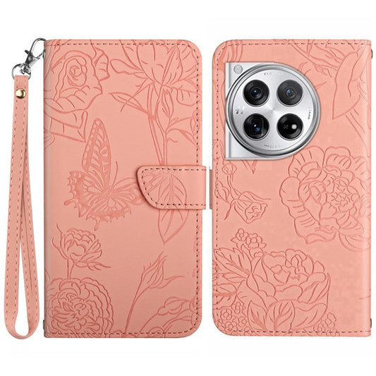HT03 For OnePlus 12 5G Wallet Phone Case Flower Pattern Leather Cover with Hand Strap - Pink