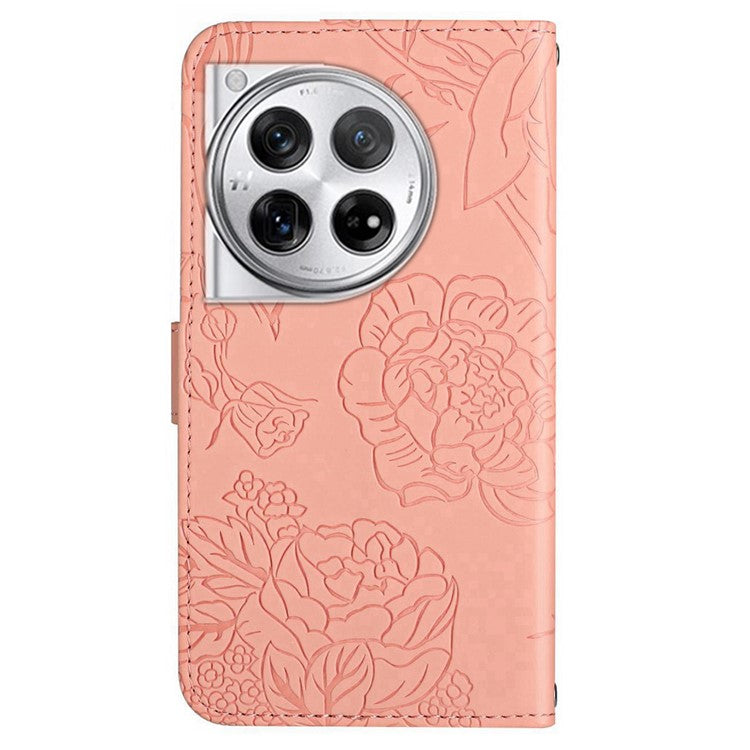 HT03 For OnePlus 12 5G Wallet Phone Case Flower Pattern Leather Cover with Hand Strap - Pink