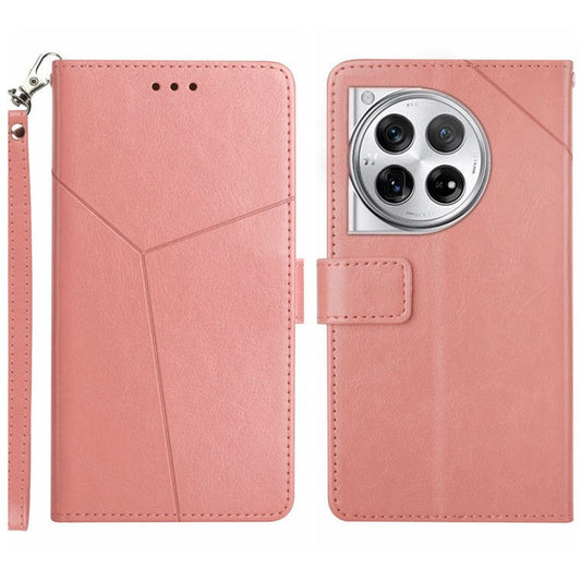 HT01 For OnePlus 12 5G Phone Case Wallet Flip Leather Cover Y-shaped Lines Decor - Pink