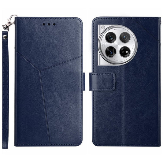 HT01 For OnePlus 12 5G Phone Case Wallet Flip Leather Cover Y-shaped Lines Decor - Blue