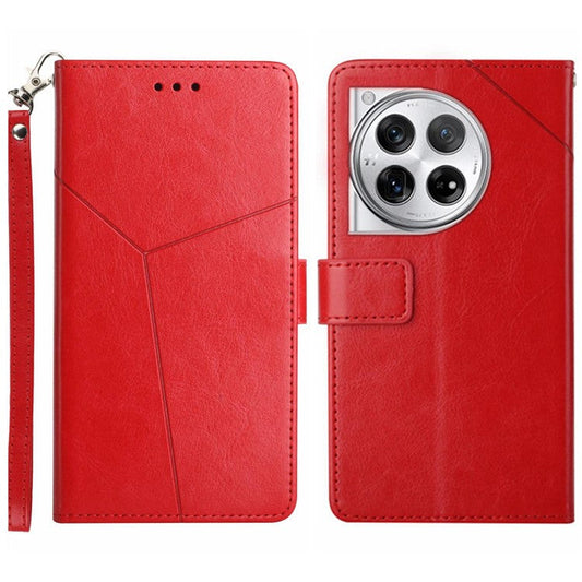HT01 For OnePlus 12 5G Phone Case Wallet Flip Leather Cover Y-shaped Lines Decor - Red