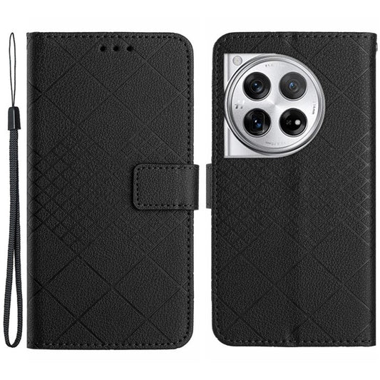HT06 For OnePlus 12 5G Rhombus Pattern Leather Case Magnetic Clasp Shockproof Phone Cover - Black