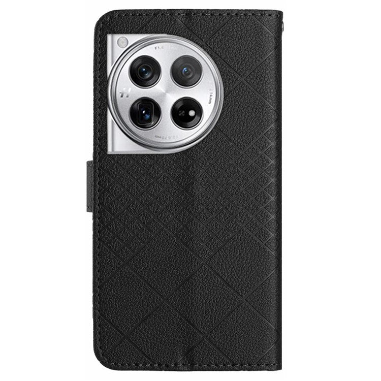 HT06 For OnePlus 12 5G Rhombus Pattern Leather Case Magnetic Clasp Shockproof Phone Cover - Black