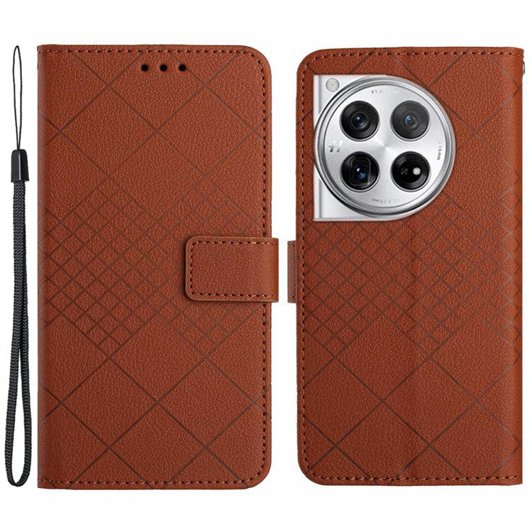 HT06 For OnePlus 12 5G Rhombus Pattern Leather Case Magnetic Clasp Shockproof Phone Cover - Brown