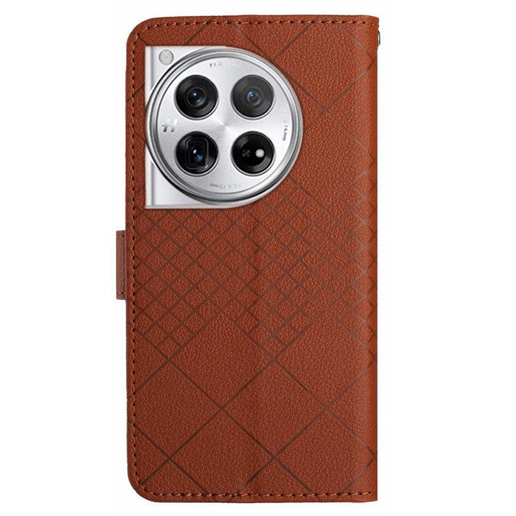 HT06 For OnePlus 12 5G Rhombus Pattern Leather Case Magnetic Clasp Shockproof Phone Cover - Brown