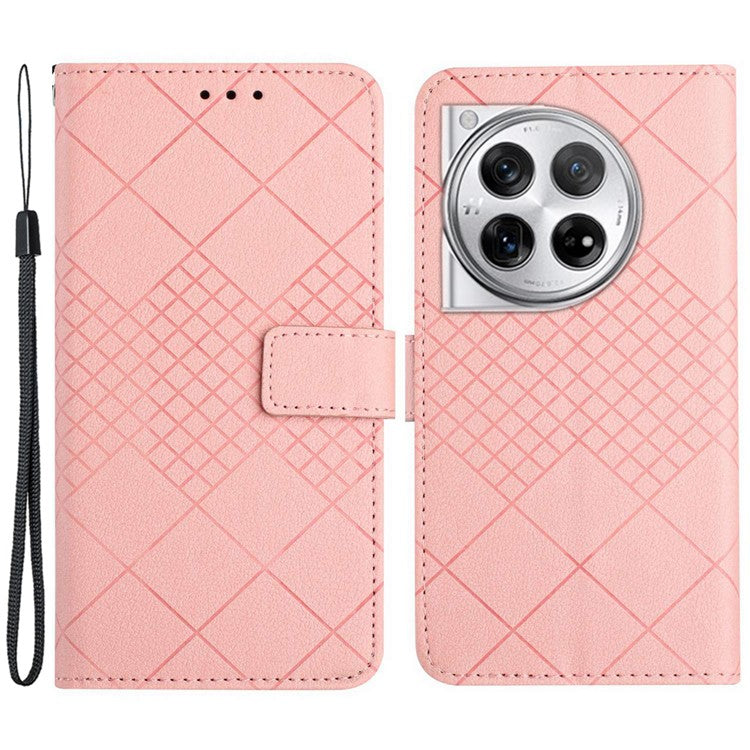 HT06 For OnePlus 12 5G Rhombus Pattern Leather Case Magnetic Clasp Shockproof Phone Cover - Pink