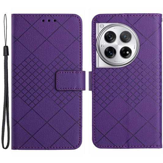 HT06 For OnePlus 12 5G Rhombus Pattern Leather Case Magnetic Clasp Shockproof Phone Cover - Dark Purple