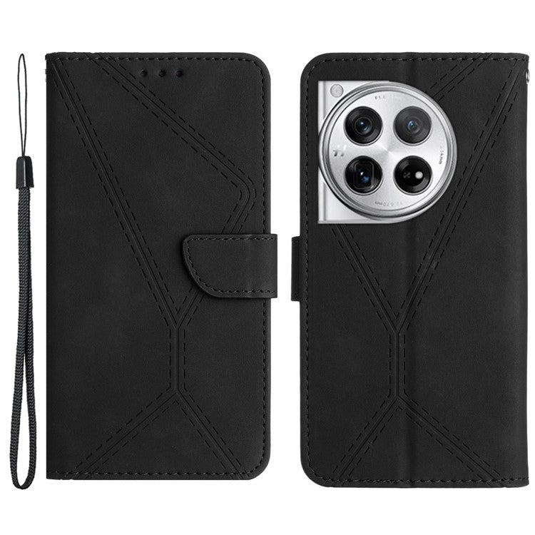 HT05 For OnePlus 12 5G PU Leather Case Line Imprinted Protective Phone Cover - Black