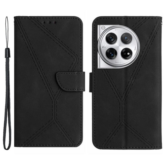 HT05 For OnePlus 12 5G PU Leather Case Line Imprinted Protective Phone Cover - Black