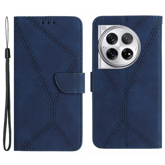 HT05 For OnePlus 12 5G PU Leather Case Line Imprinted Protective Phone Cover - Blue