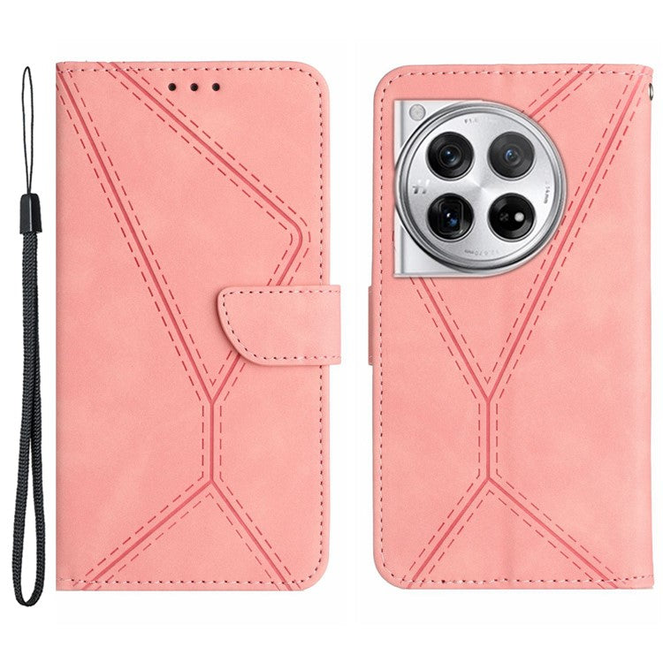HT05 For OnePlus 12 5G PU Leather Case Line Imprinted Protective Phone Cover - Pink
