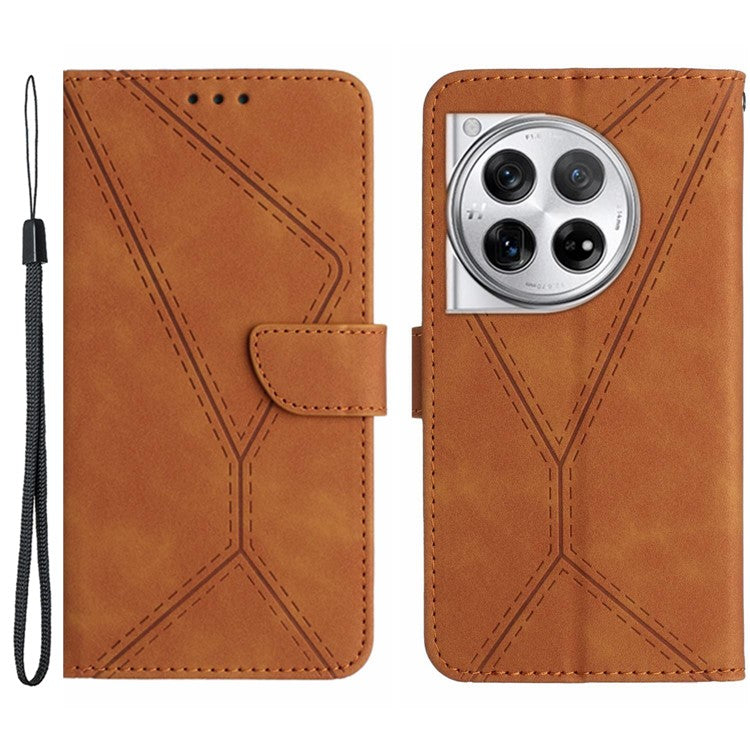 HT05 For OnePlus 12 5G PU Leather Case Line Imprinted Protective Phone Cover - Brown