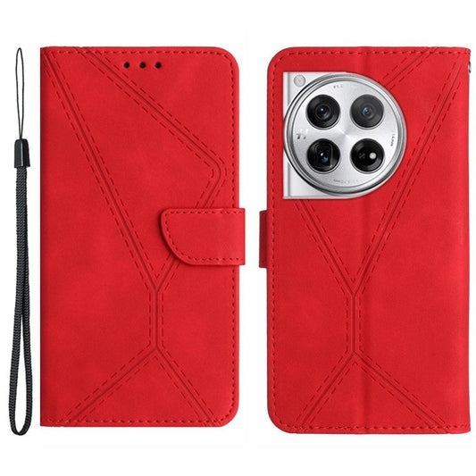 HT05 For OnePlus 12 5G PU Leather Case Line Imprinted Protective Phone Cover - Red
