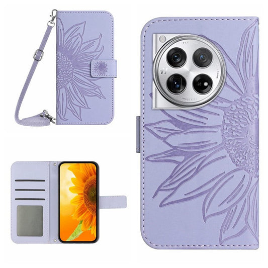 HT04 For OnePlus 12 5G PU Leather Case Sunflower Imprinted Phone Cover with Shoulder Strap - Light Purple