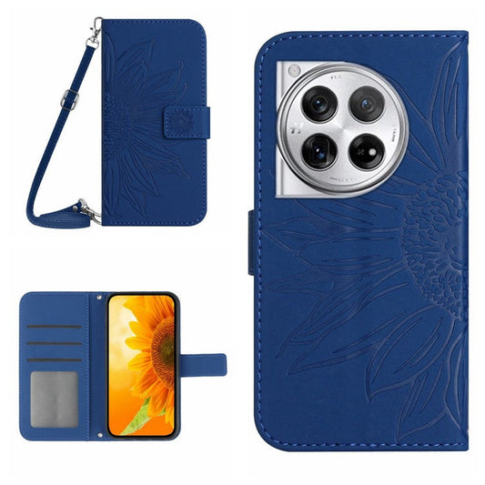 HT04 For OnePlus 12 5G PU Leather Case Sunflower Imprinted Phone Cover with Shoulder Strap - Sapphire