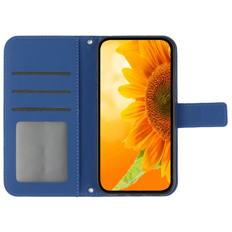 HT04 For OnePlus 12 5G PU Leather Case Sunflower Imprinted Phone Cover with Shoulder Strap - Sapphire