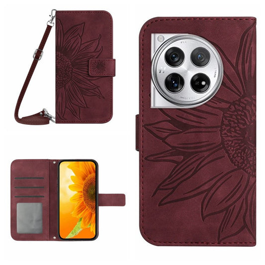 HT04 For OnePlus 12 5G PU Leather Case Sunflower Imprinted Phone Cover with Shoulder Strap - Wine Red