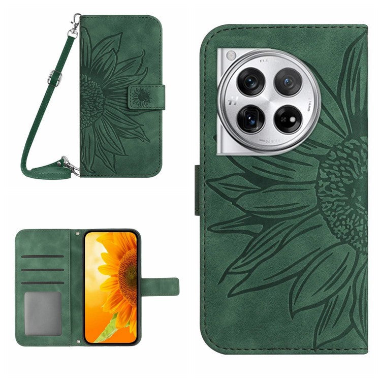HT04 For OnePlus 12 5G PU Leather Case Sunflower Imprinted Phone Cover with Shoulder Strap - Dark Green