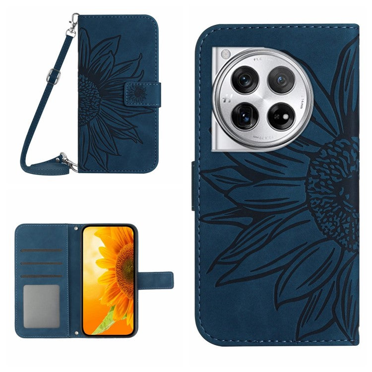 HT04 For OnePlus 12 5G PU Leather Case Sunflower Imprinted Phone Cover with Shoulder Strap - Dark Blue