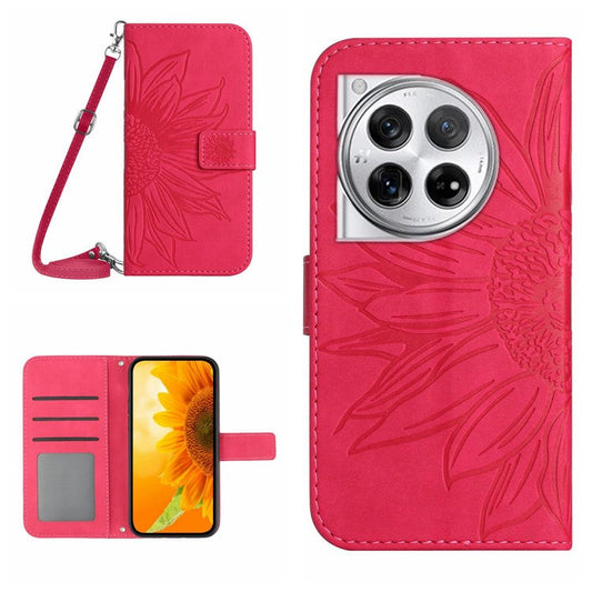 HT04 For OnePlus 12 5G PU Leather Case Sunflower Imprinted Phone Cover with Shoulder Strap - Rose