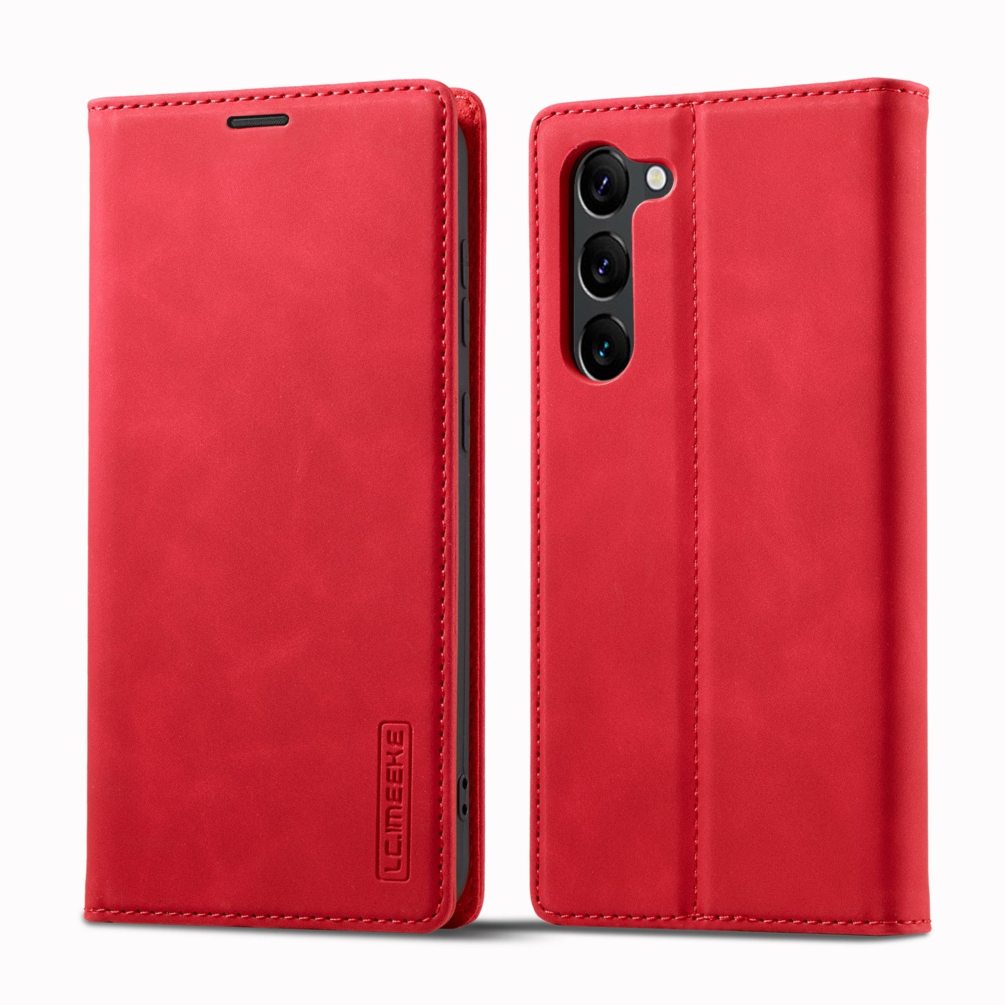 LC.IMEEKE For Samsung Galaxy S24 Case Microfiber Leather Folio Stand View Phone Cover - Red